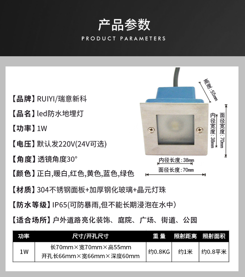 led方形戶外防水地埋燈 大功率埋地燈 臺階燈 墻腳燈1W(圖8)